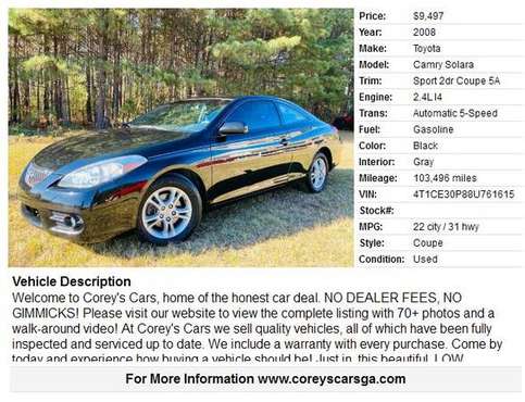 2008 Toyota Camry Solara Sport 2dr Coupe 5A 103496 Miles - cars & for sale in Douglasville, GA