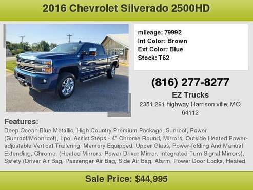 2016 CHEVROLET SILVERADO 2500HD 4X4 CREW CAB HIGH COUNTRY Open 9-7 for sale in Harrisonville, MO