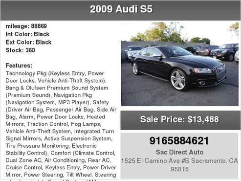 2009 Audi S5 QUATTRO 88K MILES ONLY WITH NAVIGATION for sale in Sacramento , CA