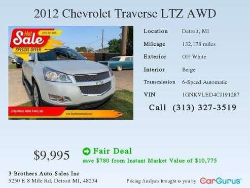 2012 Chevrolet Chevy Traverse LT AWD 4dr SUV w/ 2LT FREE CARFAX, 2YR... for sale in Detroit, MI