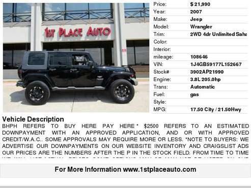 2007 Jeep Wrangler 2WD 4dr Unlimited Sahara for sale in Watauga (N. Fort Worth), TX