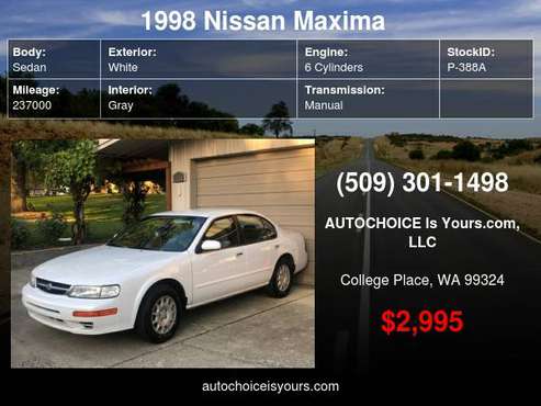 1998 Nissan Maxima 4dr Sdn SE Manual - cars & trucks - by dealer -... for sale in College Place, ID