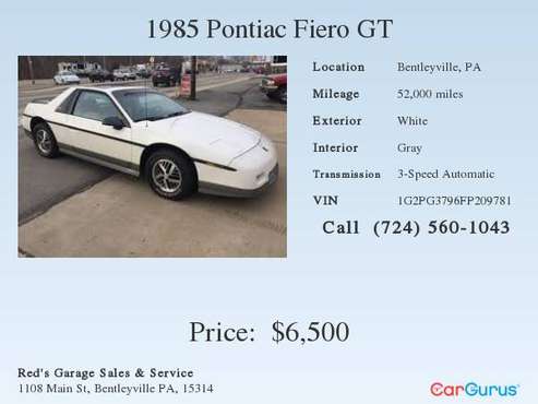 1985 Pontiac Fiero Gt for sale in Bentleyville, PA