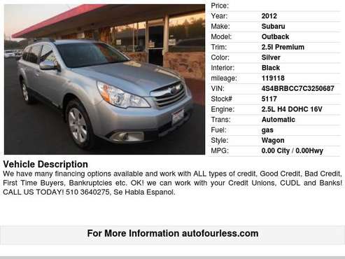 2012 Subaru Outback 2 5I Premium - - by dealer for sale in Fremont, CA