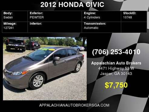 2012 HONDA CIVIC LX for sale in Jasper, GA