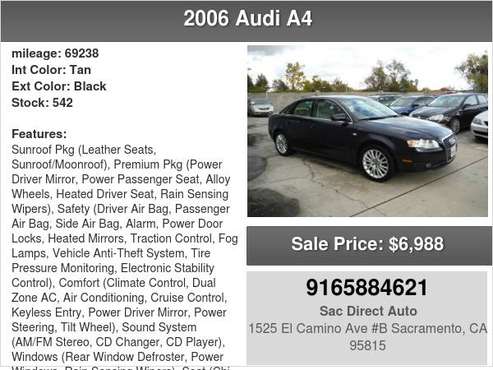 2006 Audi A4 2.0T 69K MILES ONLY CALEN TITLE WITH 18 SERVICE RECORDS... for sale in Sacramento , CA