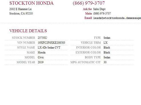 2019 Honda Civic LX SKU: 25750U Honda Civic LX - - by for sale in Stockton, CA