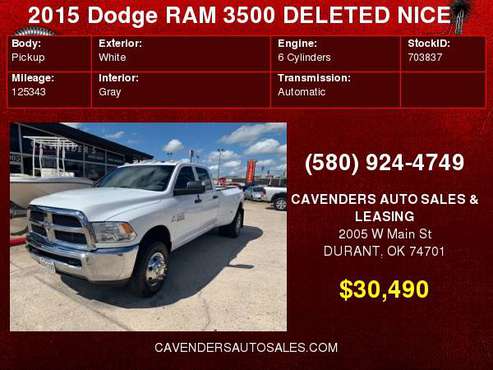 2015 Ram 3500 4WD Crew Cab DUALLY DELETED for sale in Durant, OK