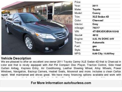 2011 Toyota Camry XLE Sedan 4D for sale in Fremont, CA