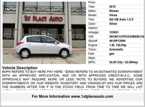 2012 Nissan Versa 5dr HB Auto 1.8 S - cars & trucks - by dealer -... for sale in Watauga (N. Fort Worth), TX