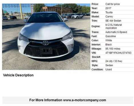 2017 TOYOTA CAMRY SE - cars & trucks - by dealer - vehicle... for sale in San Antonio, TX