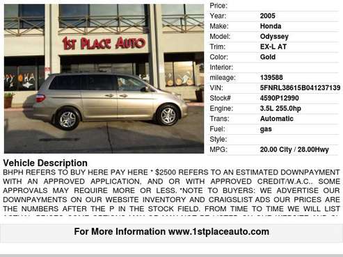 2005 Honda Odyssey EX-L AT - cars & trucks - by dealer - vehicle... for sale in Watauga (N. Fort Worth), TX