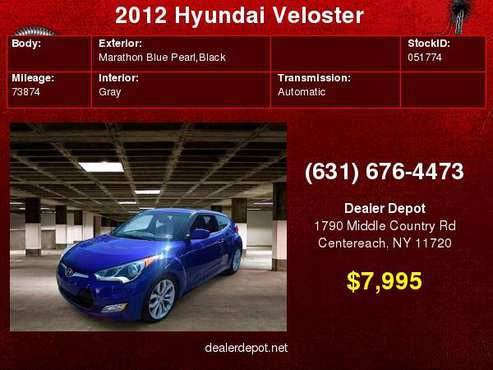 2012 Hyundai Veloster 3dr Cpe Auto w/Black Int for sale in Centereach, NY