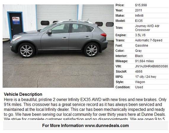 2011 Infiniti EX35 Journey AWD 4dr Crossover Only 91k Miles - cars & for sale in Crystal Lake, IL – photo 2