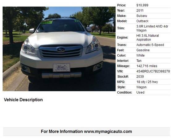 NEW LOW PRICE 2011 SUBARU OUTBACK 3.6 R LIMITED - cars & trucks - by... for sale in Nampa, ID – photo 2