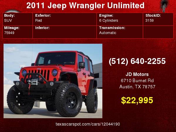 2011 Jeep Wrangler Unlimited *(( LIFTED LOW MILES ))* 4 DOOR for sale in Austin, TX – photo 24