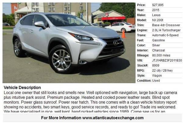 2015 Lexus NX 200t 4dr Crossover 80000 Miles - - by for sale in Durham, NC – photo 2