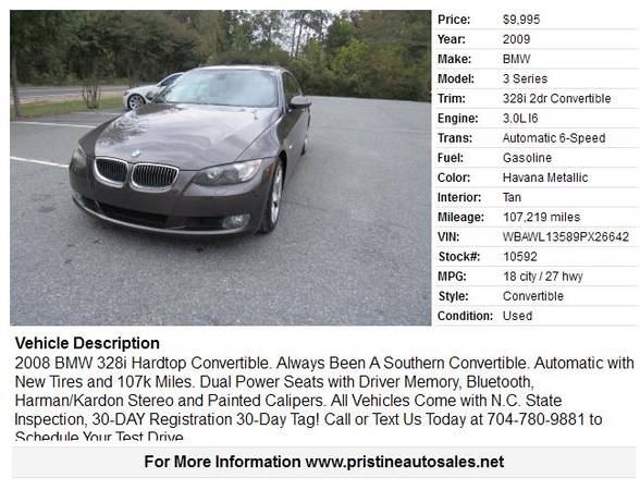 2009 BMW CONVERTIBLE 107k MILES NEW TIRES ALWAYS A SOUTHERN 3 SERIES for sale in Matthews, SC – photo 2