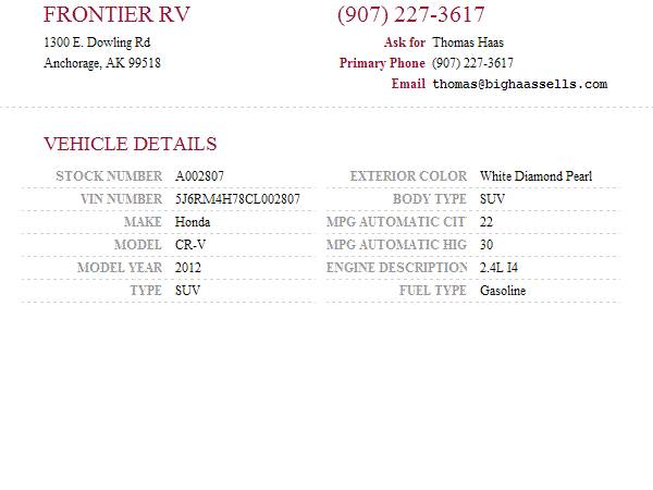2012 Honda CR-V SKU: A002807 Honda CR-V SUV - - by for sale in Anchorage, AK