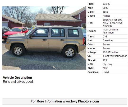 2008 Jeep Patriot Sport 4x4 4dr SUV w/CJ1 Side Airbag Package 152332 for sale in Wisconsin dells, WI – photo 2