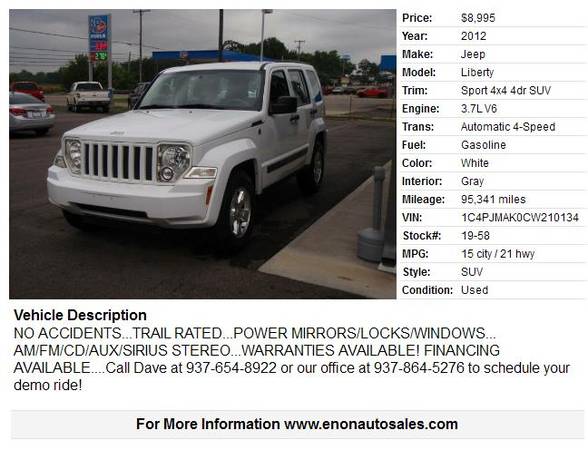 2012 Jeep Liberty Sport 4x4 4dr SUV 95341 Miles for sale in Enon, OH – photo 2