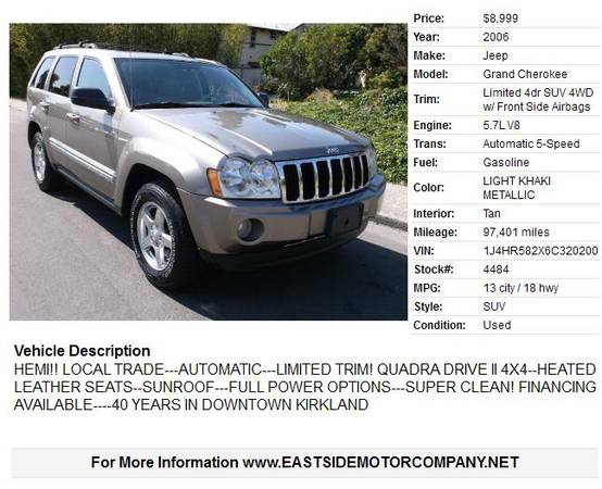 2006 Jeep Grand Cherokee Limited 4dr SUV 4WD for sale in Kirkland, WA – photo 2