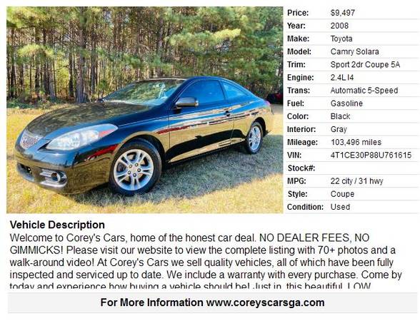 2008 Toyota Camry Solara Sport 2dr Coupe 5A 103496 Miles - cars & for sale in Douglasville, GA