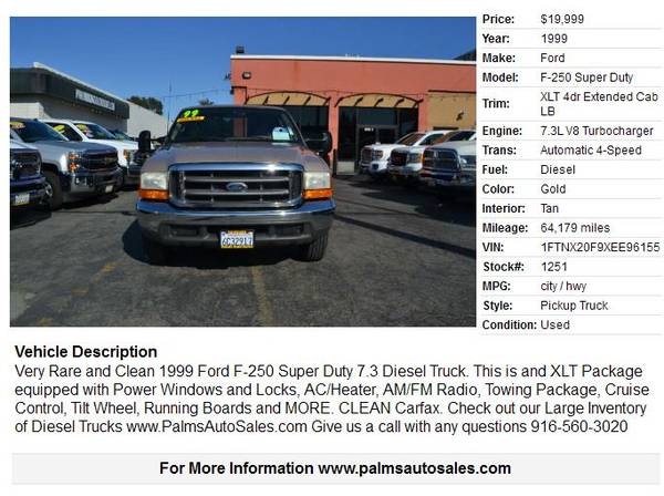 1999 Ford F-250 XLT Extended Cab Super Duty Diesel 64K MILES for sale in Citrus Heights, CA – photo 3