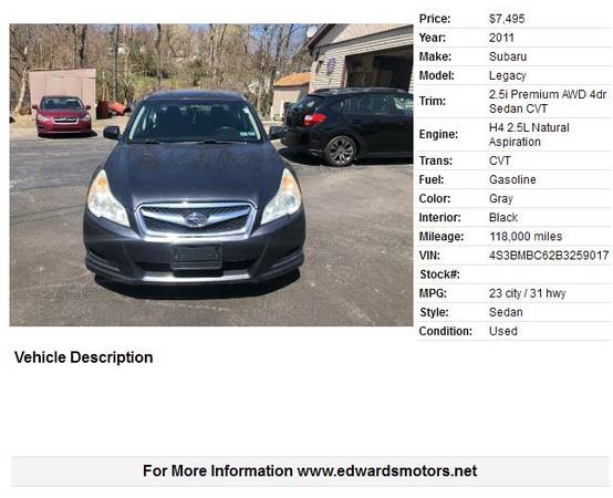 2011 Subaru Legacy Sedan 4x4 With Waranty - - by for sale in Peckville, PA – photo 2