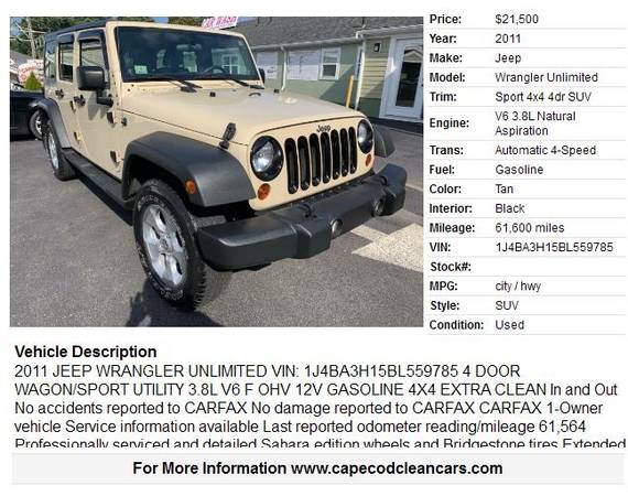 2011 Jeep Wrangler Unlimited Sport 4x4 61K Miles for sale in Sagamore, MA, MA – photo 2