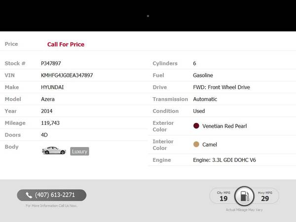 2014 Hyundai Azera 4dr Sedan Luxury NO CREDIT CHECK for sale in Maitland, FL – photo 2