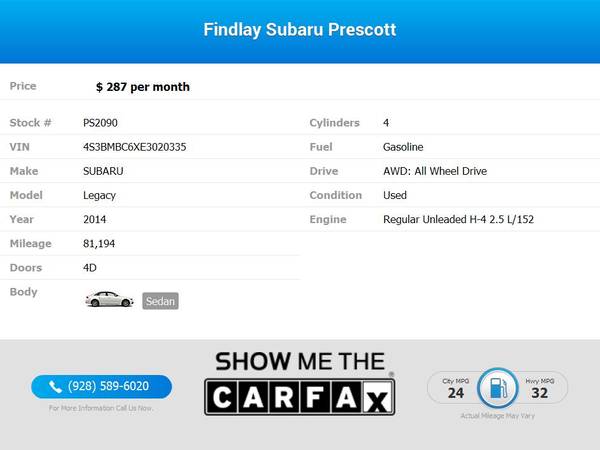 287/mo - 2014 Subaru Legacy 2 5i Premium - - by for sale in Prescott, AZ – photo 2