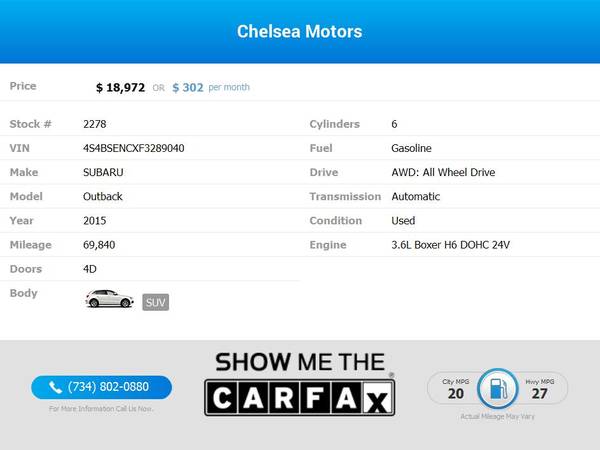 $302/mo - 2015 Subaru Outback 3.6R Limited AWD Wagon - Easy... for sale in Chelsea, MI – photo 2