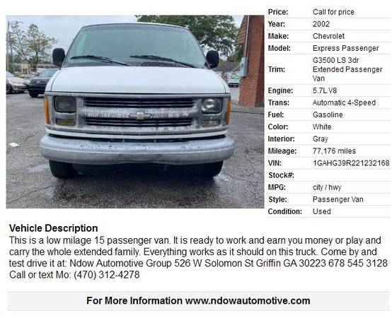 2002 Chevy Express 15pass 77k Miles - - by dealer for sale in Griffin, GA – photo 2