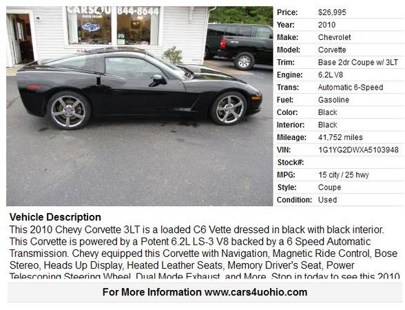 2010 Chevy Corvette 3LT Coupe with 41k Miles - cars & trucks - by... for sale in Hamilton, OH – photo 2