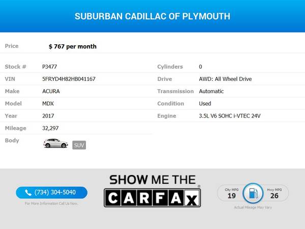 767/mo - 2017 Acura MDX 3 5L 3 5 L 3 5-L SHAWD w/Advance Package for sale in Plymouth, MI – photo 2