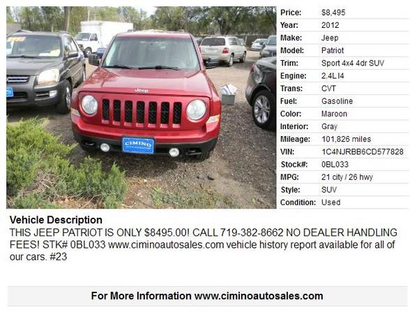 2012 Jeep Patriot Sport 4x4 4dr SUV 101826 Miles - cars & trucks -... for sale in Fountain, CO – photo 2