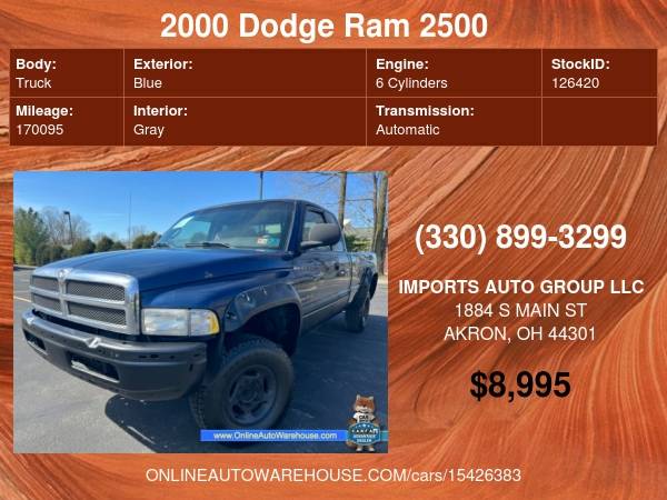 2000 Dodge Ram 2500 4X4 DIESEL 5 9 CUMMINS QUAD CAB LONG BED 170K for sale in Akron, WV