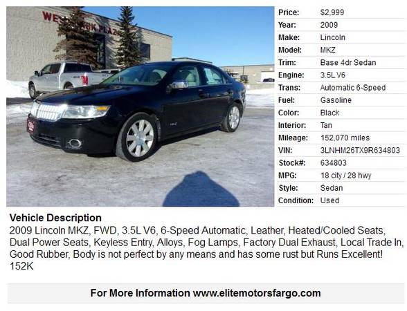 2009 Lincoln MKZ, FWD, 3 5L V6, Leather, Runs Excellent! - cars & for sale in Fargo, ND – photo 2