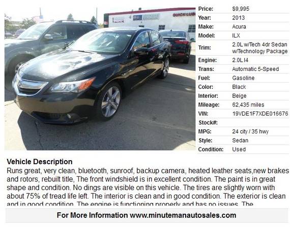 2013 Acura ILX 2.0L w/Tech 4dr Sedan w/Technology Package 62435 Miles for sale in Saint Paul, MN – photo 2