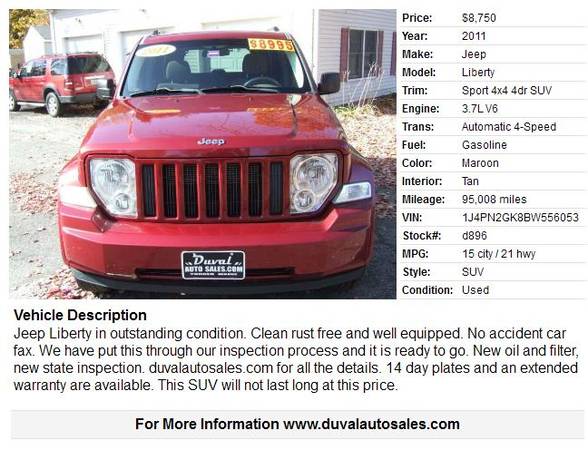 2011 Jeep Liberty Sport 4x4 4dr SUV 95008 Miles for sale in Turner, ME – photo 2