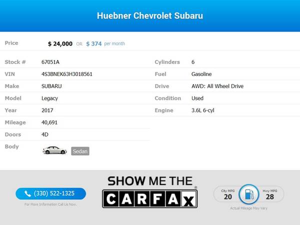 374/mo - 2017 Subaru Legacy Limited for ONLY - - by for sale in Carrollton, OH – photo 2