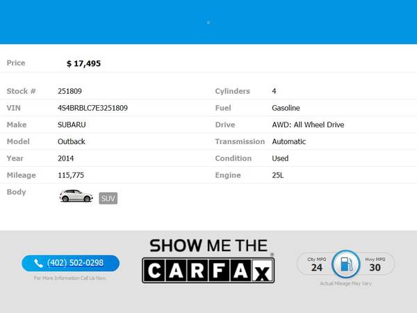 403/mo - 2014 Subaru Outback Wgn H4 Auto 25i Limited - cars & for sale in Omaha, NE – photo 2