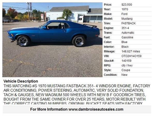 1970 Ford Mustang FASTBACK, Matching Numbers! for sale in LOWELL, ME – photo 2