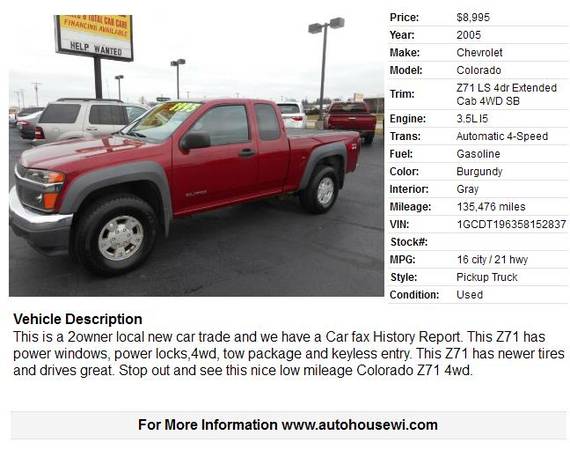 2005 Chevrolet Colorado Z71 LS Extended Cab 4WD Sharp! - cars &... for sale in Waukesha, WI – photo 2