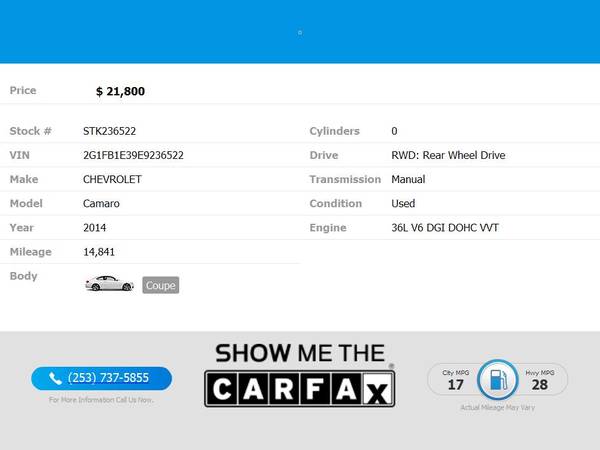 21, 800 - 2014 Chevrolet Camaro 1LT 1 LT 1-LT - - by for sale in Kent, WA – photo 2