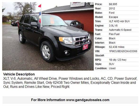 2012 Ford Escape XLT AWD 4dr SUV 62438 Miles for sale in Merrill, WI – photo 2