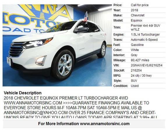 2018 CHEVROLET EQUINOX PREMIER, PAYMENT STARTING@$249*MONTHLY-STOP BY for sale in Detroit, MI – photo 2