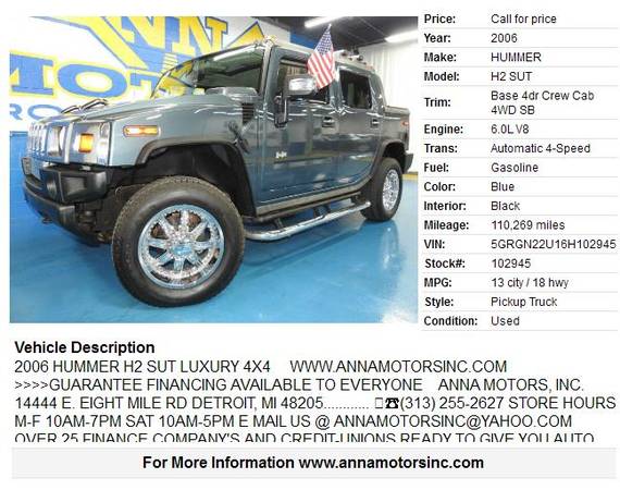 2006 HUMMER H2 SUT 4X4,WE FINANCE YOU W/$899*DN THIS WEEK-STOP BY-CALL for sale in Detroit, MI – photo 2