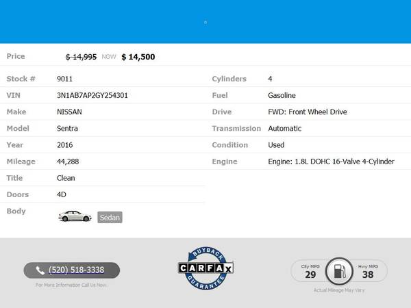 2016 Nissan Sentra SV only 44k 44 k 44-k miles! 38MPG 38 MPG 38-MPG for sale in Tucson, AZ – photo 2